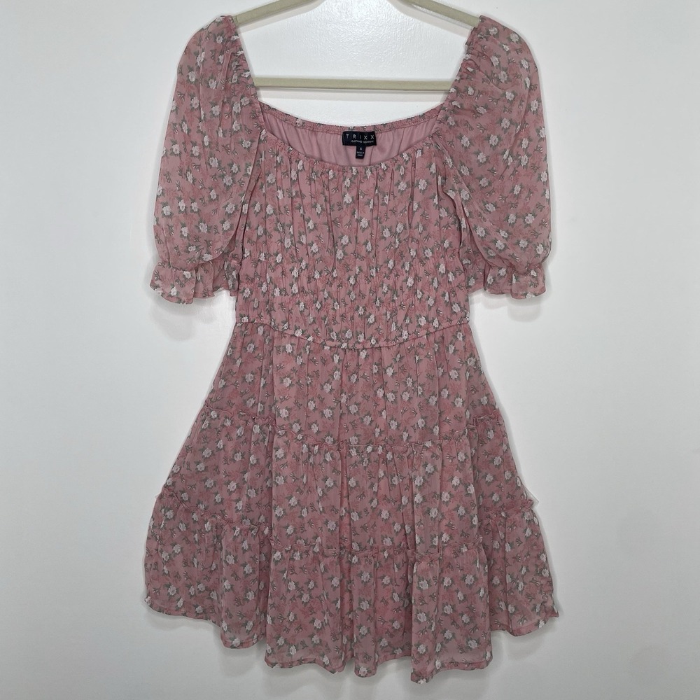 Cottagecore Floral Ruffled Mini Baby Doll Dress Sz‎ S Pink Trixxi Clothing Co